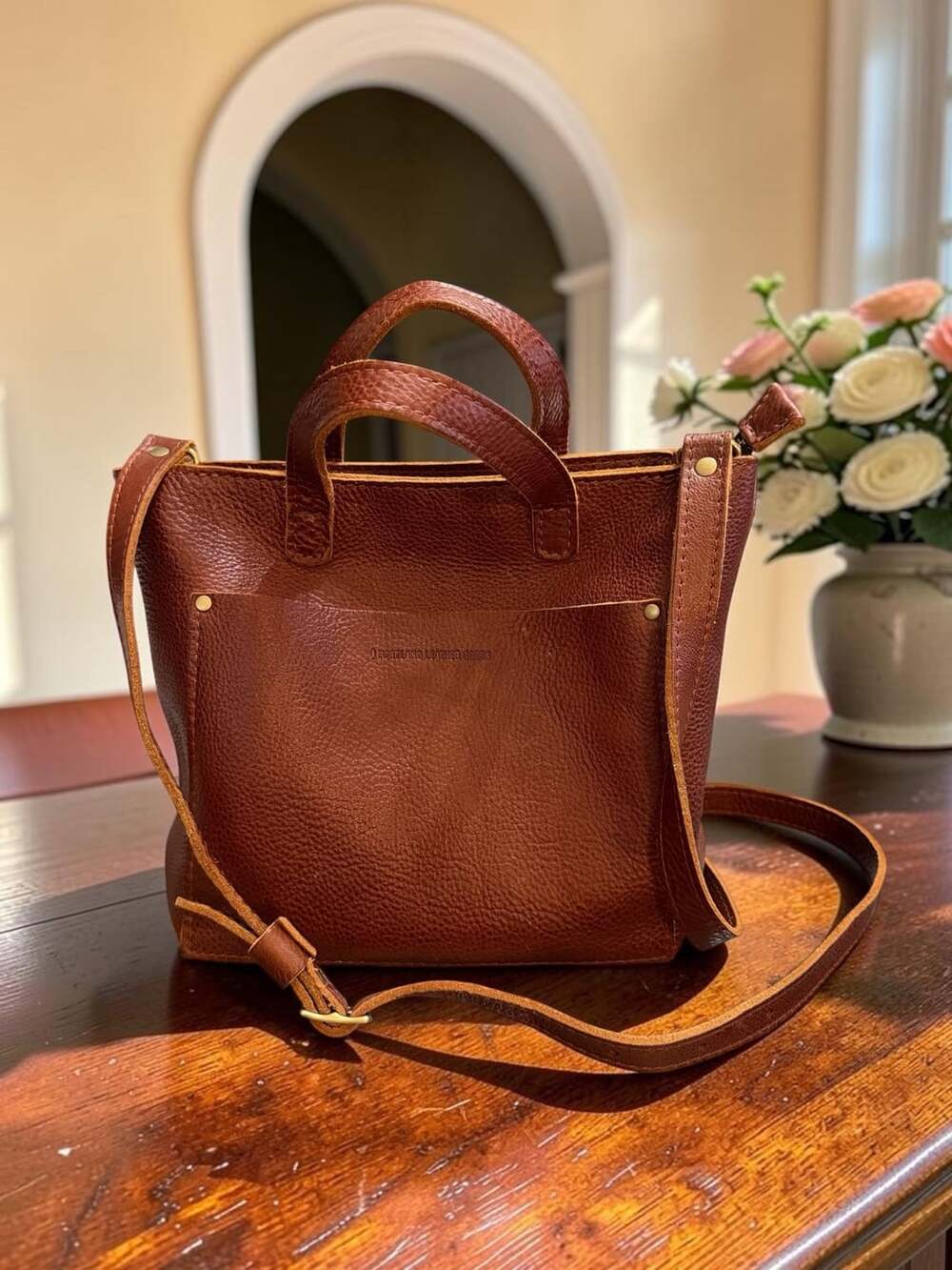 Portland Leather Goods Mini Zipper Crossbody Tote Bag Nutmeg